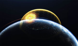 Illustration: Golden Dome concept, highlighting a web of satellite sensors and interception of incoming missile