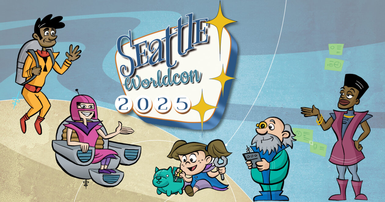 Illustration: Retro-futuristic cartoon characters surrounding a Seattle Worldcon 2025 sign
