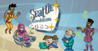 Illustration: Retro-futuristic cartoon characters surrounding a Seattle Worldcon 2025 sign