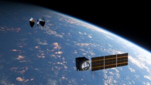 Illustration showing Starburst (foreground) and Supernova (background) spacecraft in Earth orbit