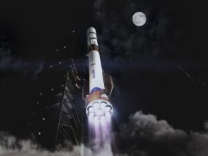 Illustration: New Glenn 9x4 rocket lifting off, with moon in the sky above