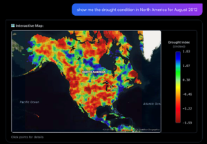 Screenshot of hydrologic drought map with AI query: "Show me the drought condition in North America for August 2012"