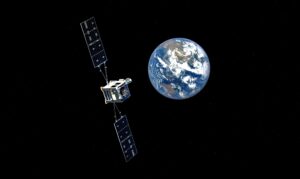 Illustration: Otter spacecraft in geosynchronous orbit with Earth in background