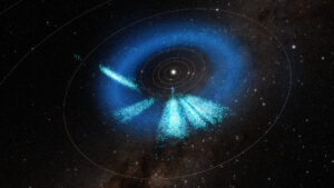 Model of the inner solar system with sprays of light teal representing newly discovered asteroids