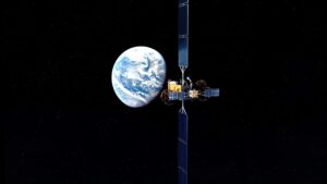 Illustration: Starfish Space Otter space vehicle in orbit with Earth's full disk in background