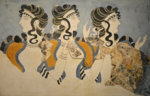 Four Minoan women as depicted in a fresco at the Palace of Knossos