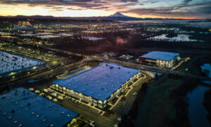 Aerial view of Stoke Space HQ in Kent with Mount Rainier on the horizon