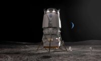 Blue Moon Mark 2 lander on lunar surface with astronauts and with crescent Earth in sky above
