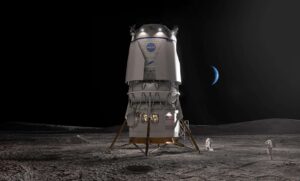 Blue Moon Mark 2 lander on lunar surface with astronauts and with crescent Earth in sky above
