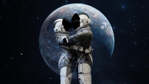 Illustration: Two astronauts embracing with Earth's disk in background