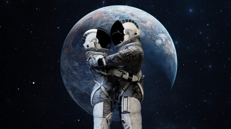 Illustration: Two astronauts embracing with Earth's disk in background