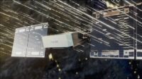 Illustration: Satellite with laser light hitting solar arrays