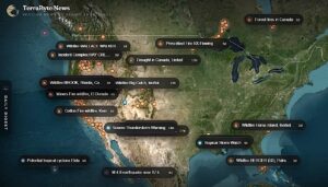 U.S. map with sites of wildfires, earthquakes and other natural phenomena pinpointed