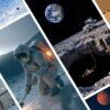 Collage of illustrations relating to NASA research projects, including radioactive heater installed on astronaut's backpack on the moon