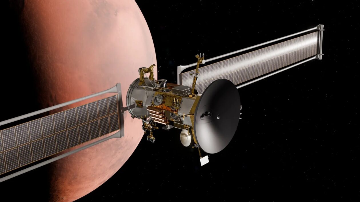An artist's conception shows the Mars Telecommunications Orbiter in Martian orbit. (Blue Origin Photo)