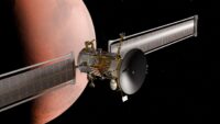 An artist's conception shows the Mars Telecommunications Orbiter in Martian orbit. (Blue Origin Photo)