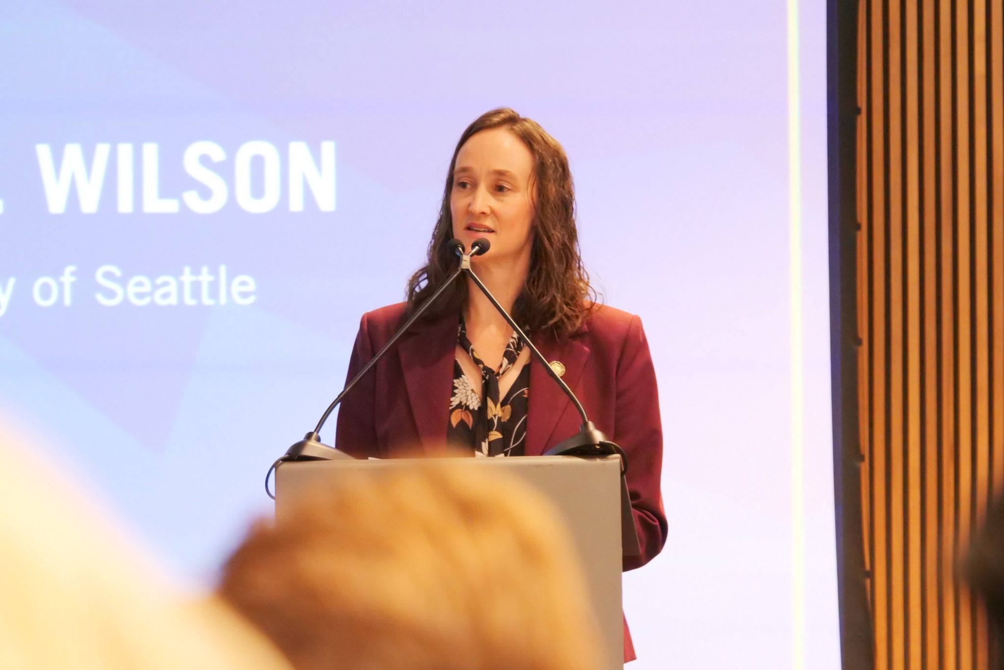 Seattle Mayor Katie Wilson opens a regional working session following Monday’s launch of the Partnership for a Competitive Puget Sound. (GeekWire photo / Todd Bishop)