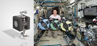 Combination image: Illustration showing Astrobee robot with Orbital Robotics' arms at left, and picture of astronaut and Astrobees on the ISS at right