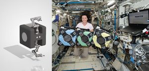 Combination image: Illustration showing Astrobee robot with Orbital Robotics' arms at left, and picture of astronaut and Astrobees on the ISS at right
