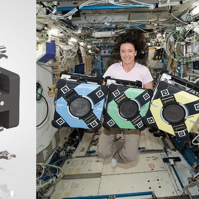 Combination image: Illustration showing Astrobee robot with Orbital Robotics' arms at left, and picture of astronaut and Astrobees on the ISS at right