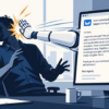 Illustration of a robot arm reaching out of a computer screen to slap an office worker