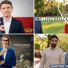 Four frames from AI-generated political ads: James Talarico with an AI Generated label circled, Mike Mazzei hugging Hillary Clinton under the words Clinton Lover, Peggy Flanagan in front of a pile of cash, and Zohran Mamdani walking with Kathy Hochul