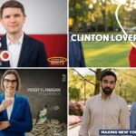 Four frames from AI-generated political ads: James Talarico with an AI Generated label circled, Mike Mazzei hugging Hillary Clinton under the words Clinton Lover, Peggy Flanagan in front of a pile of cash, and Zohran Mamdani walking with Kathy Hochul