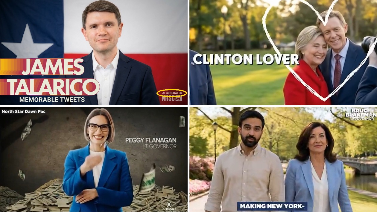 Four frames from AI-generated political ads: James Talarico with an AI Generated label circled, Mike Mazzei hugging Hillary Clinton under the words Clinton Lover, Peggy Flanagan in front of a pile of cash, and Zohran Mamdani walking with Kathy Hochul