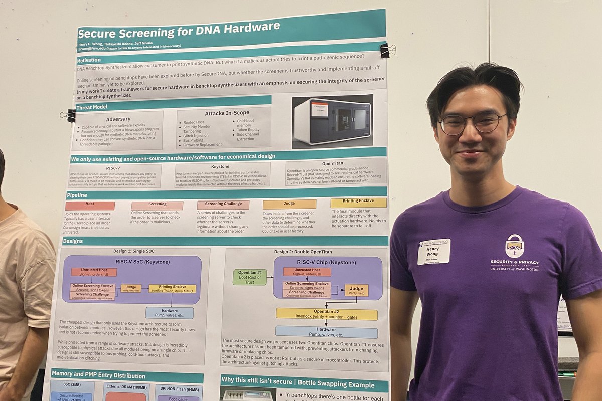 A student in a purple T-shirt stands beside a research poster